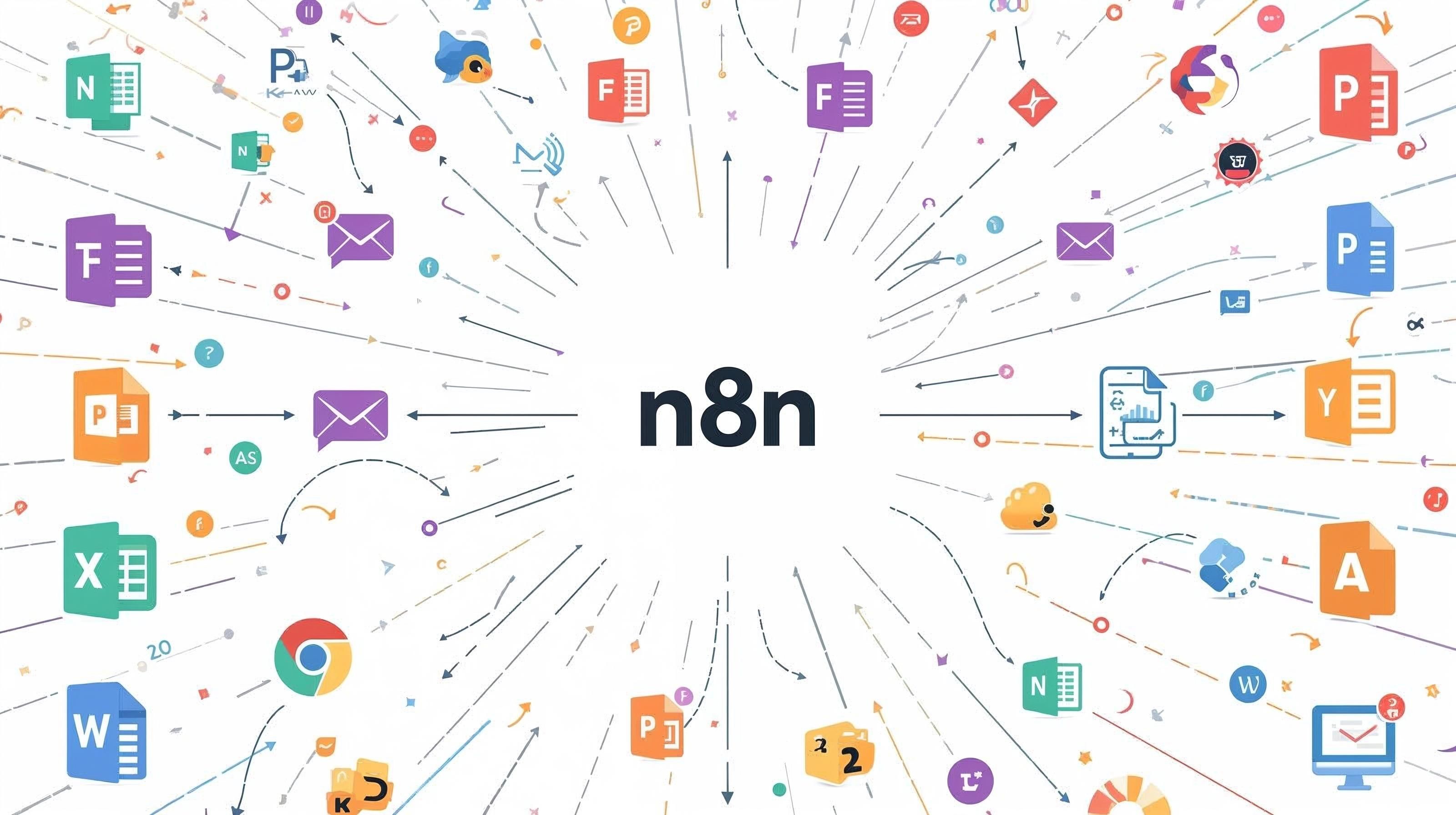 Grafika pokazująca, co to jest n8n - narzędzie łączące różne aplikacje w celu automatyzacji